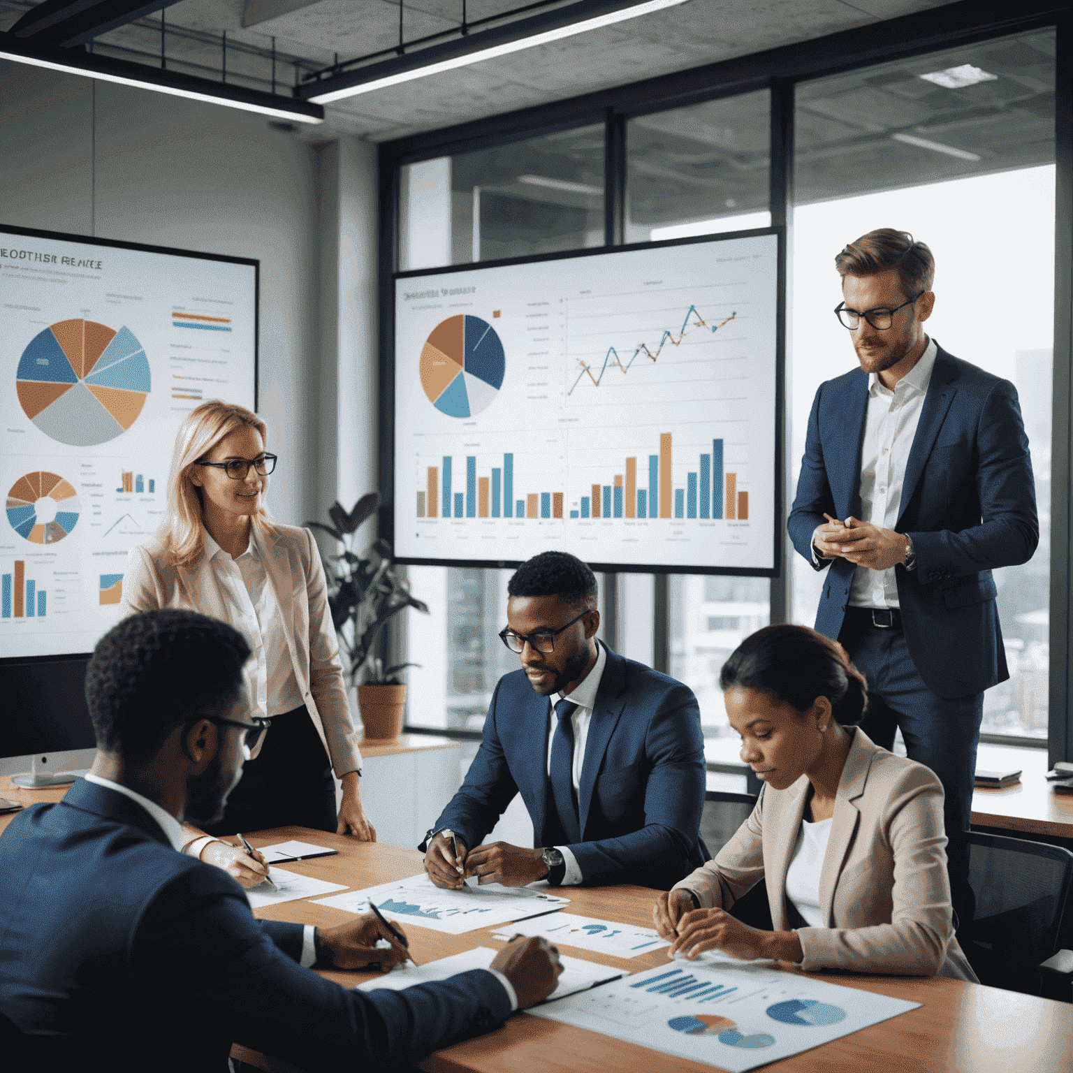 A diverse business team collaborating in a modern office setting, with charts and graphs on a large screen in the background