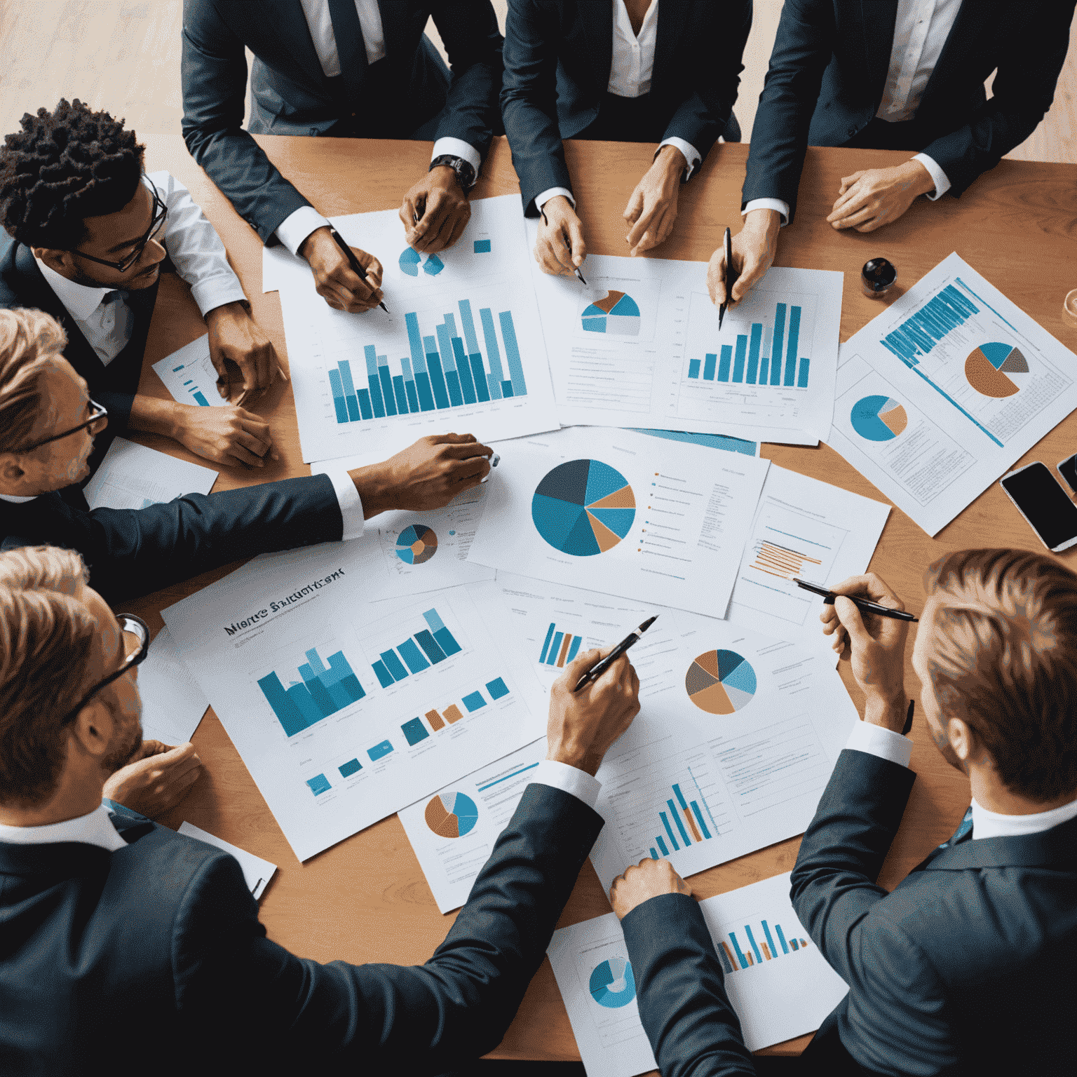 A group of business professionals gathered around a conference table, discussing growth strategies and planning. Charts, graphs, and documents are spread out on the table.