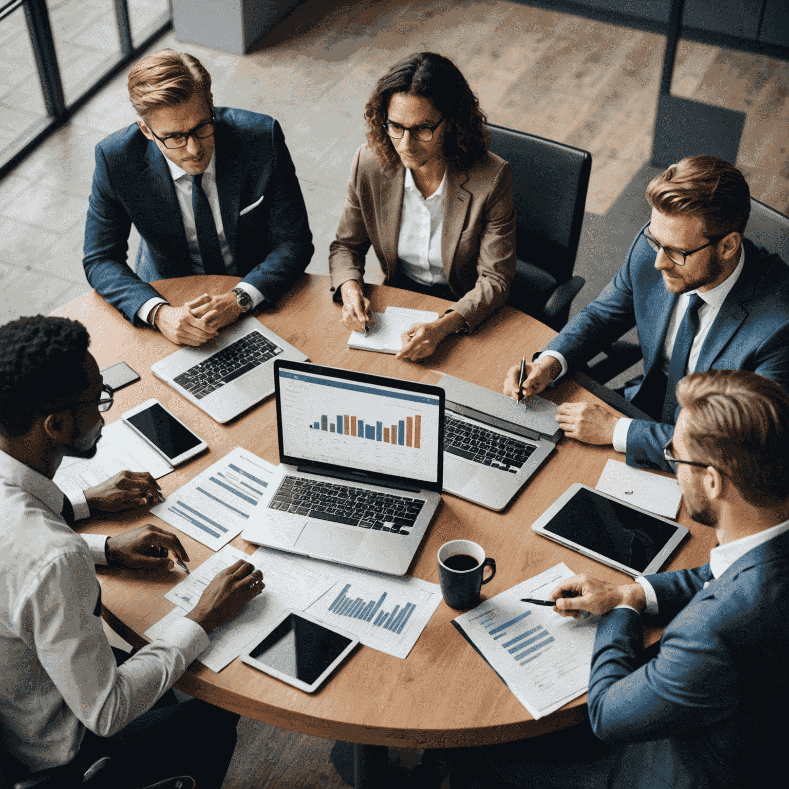 A team of business consultants collaborating around a table, analyzing data on laptops and discussing strategies to improve operational efficiency and profitability for their client.