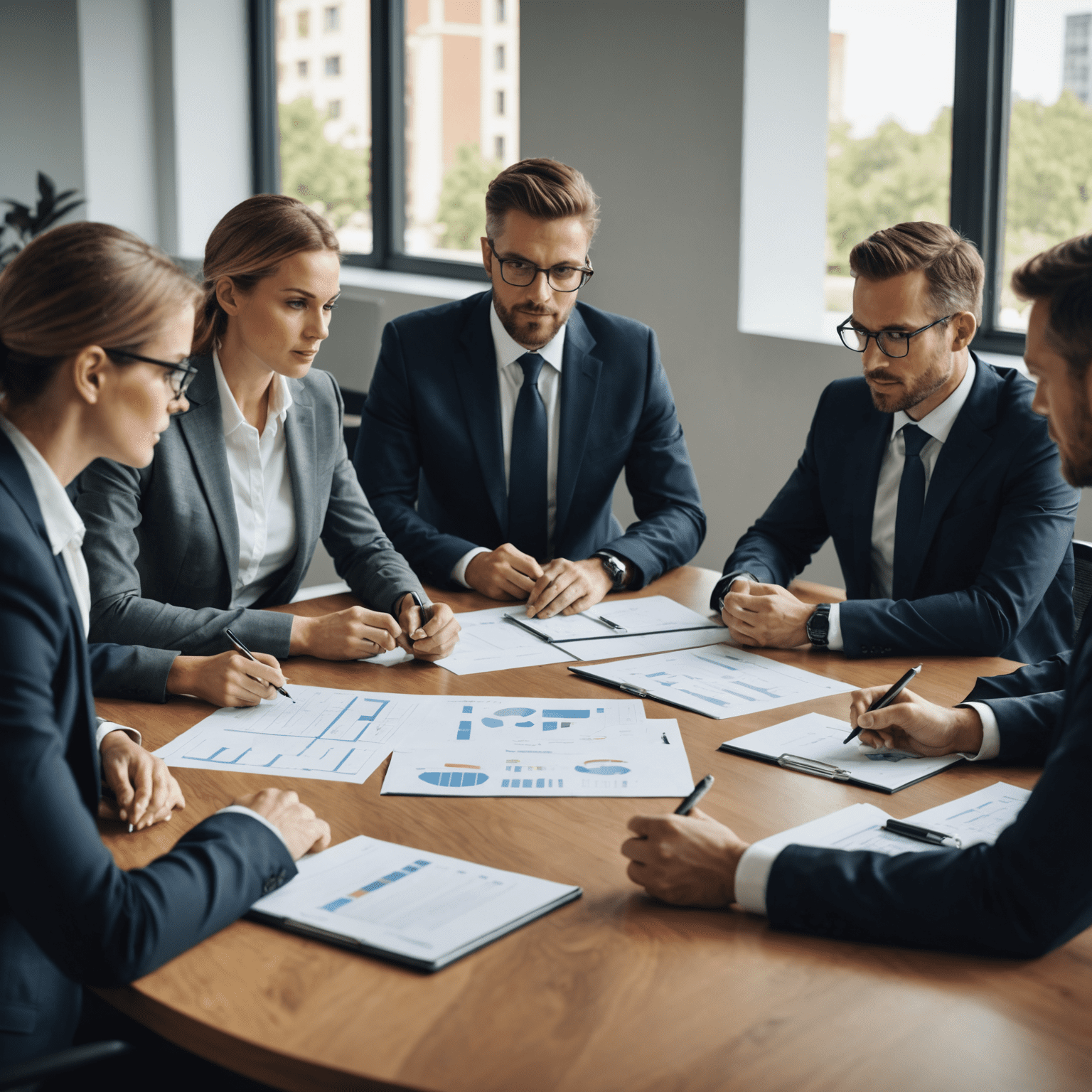 Team of business professionals discussing strategic plans around a conference table