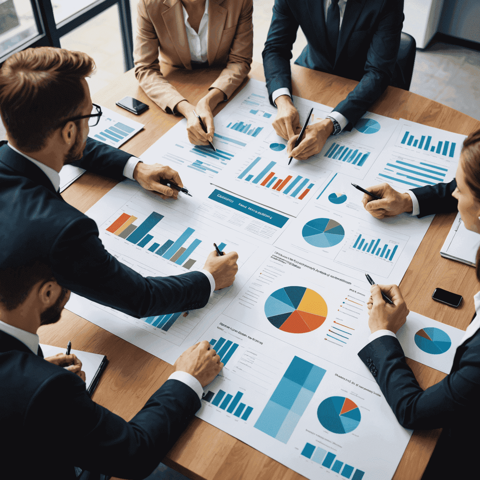 A team of business professionals collaborating on a strategic growth plan, using charts and graphs to analyze data and develop effective strategies.