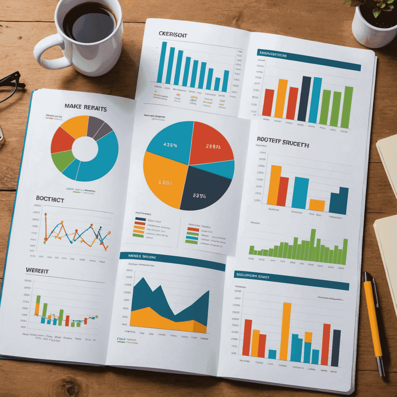 Various colorful graphs and charts displaying market trends, customer segments, and growth projections.