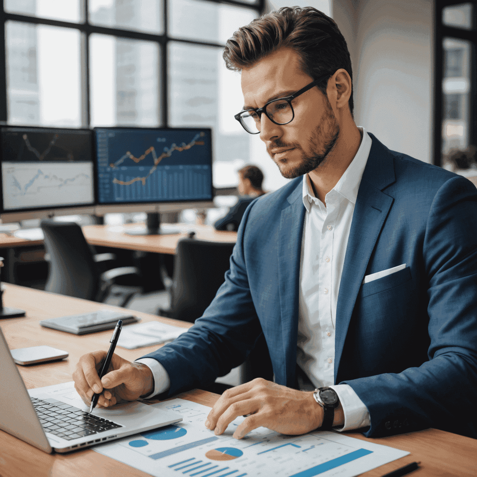 A market analyst studying graphs and charts to provide valuable insights for companies to make informed decisions and stay ahead of the competition.